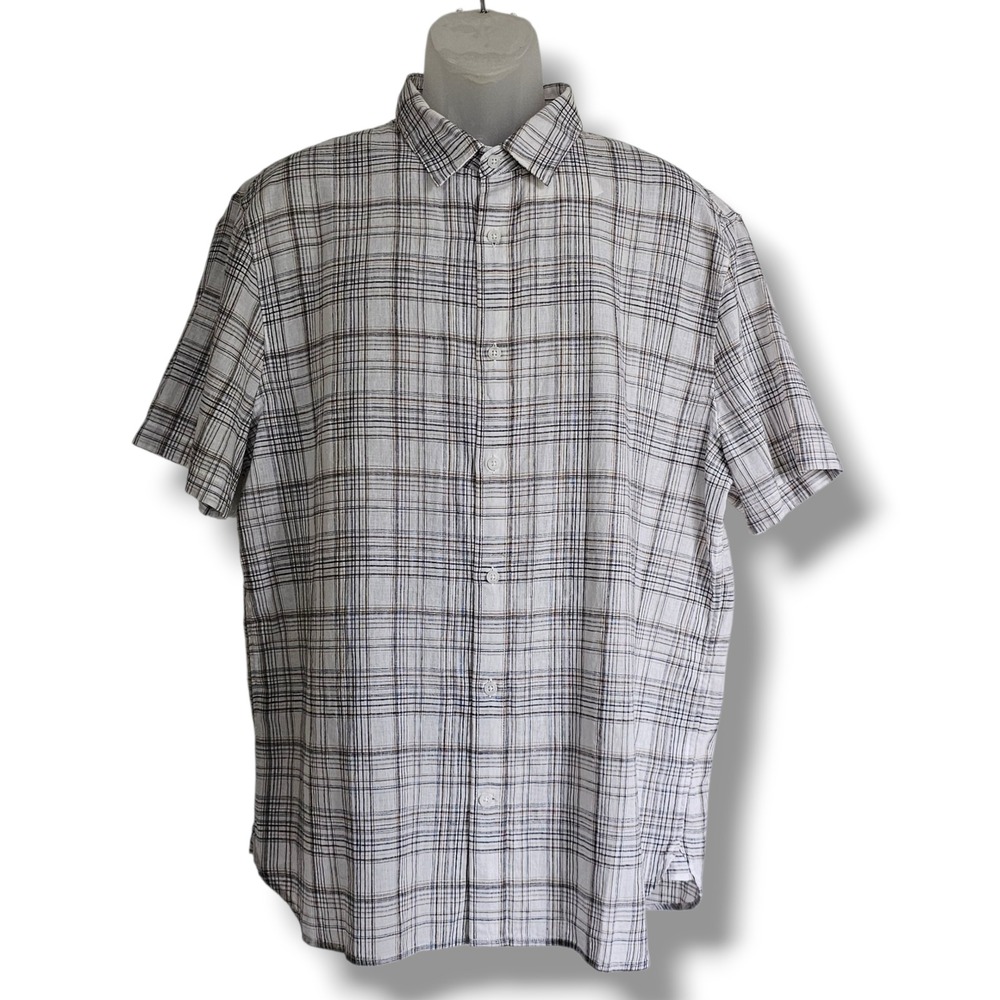 Vince Mens Classic Short Sleeve Plaid Button-Up Shirt XL Linen White Black NEW
